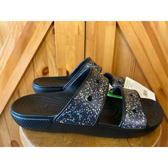 Crocs Classic Starry Glitter Sandals Double Strap Slides Black Blue Mens 12 nwt main image 5